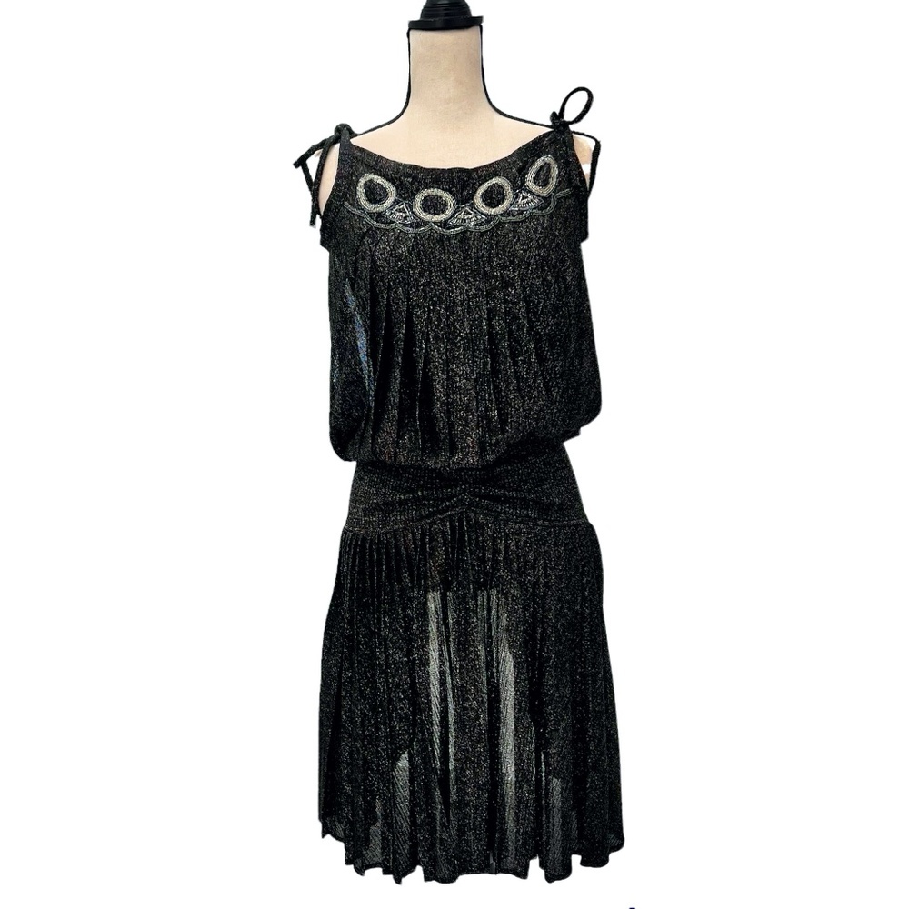 KENZO BLACK LUREX KNIT FLAPPER STYLE PLEATED DRESS WITH SILVER & BLACK BEADS